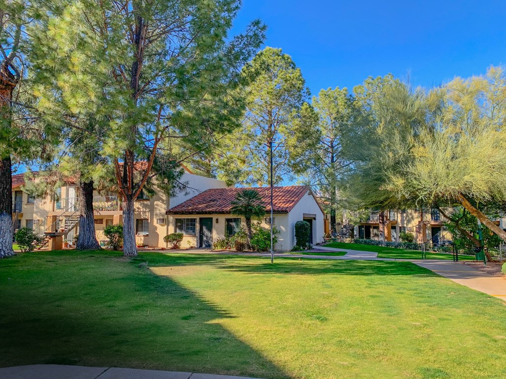 Mature landscaping and trees at La Hacienda Apartment, Tucson, Arizona