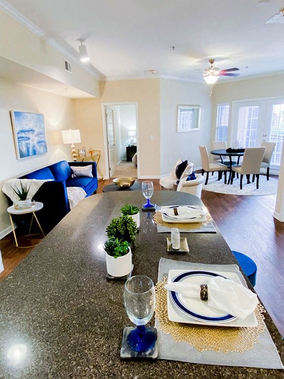 Kitchen island at The Villas at Katy Trail in Uptown Dallas, TX, For Rent. Now leasing Studio, 1, 2 and 3 bedroom apartments.