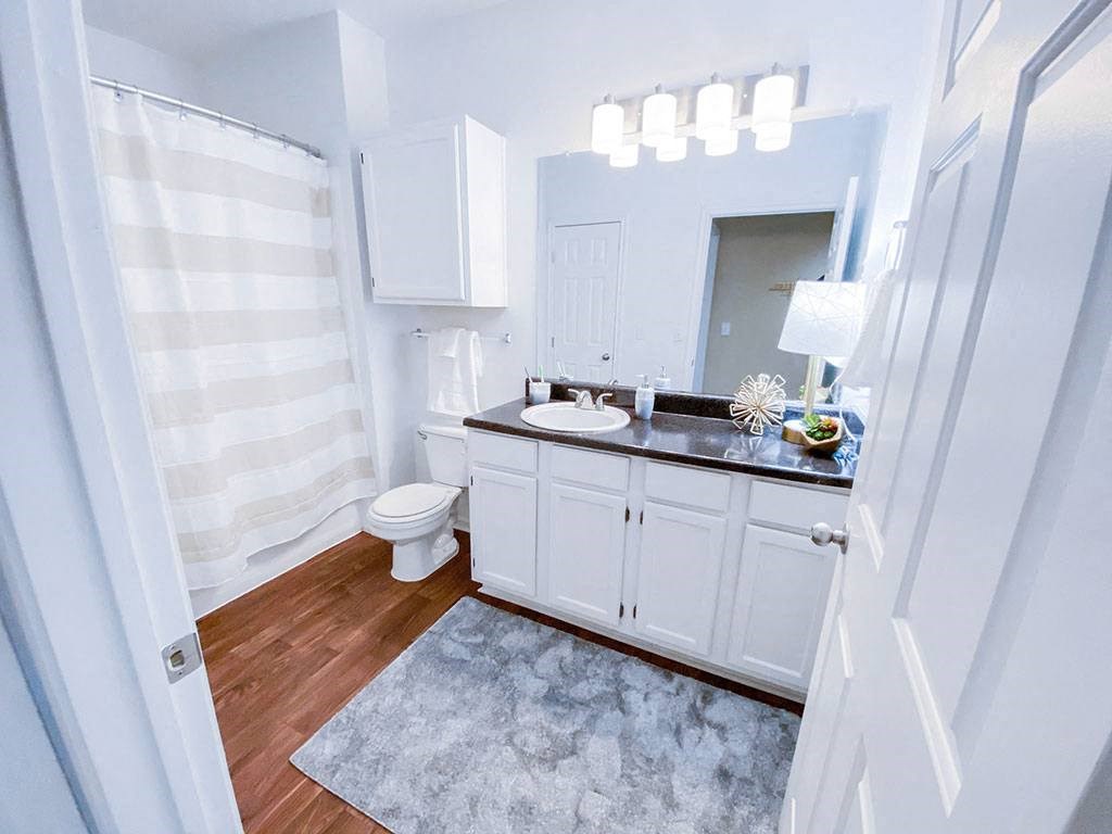Mirrored Vanity with bathroom storage at The Villas at Katy Trail in Uptown Dallas, TX, For Rent. Now leasing Studio, 1, 2 and 3 bedroom apartments.