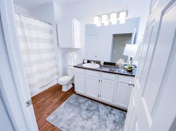 Mirrored Vanity with bathroom storage at The Villas at Katy Trail in Uptown Dallas, TX, For Rent. Now leasing Studio, 1, 2 and 3 bedroom apartments. - Photo Gallery 55