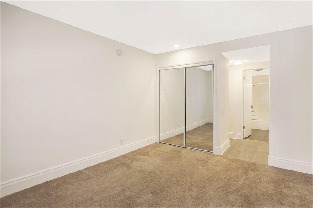 a living room with a carpet and a glass closet
