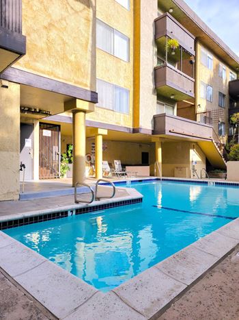 Blue Cool Swimming Pool at The DRACENA Apts, Los Feliz, Los Angeles, CA, 90027