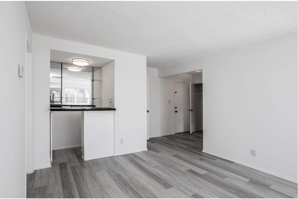 Living room and wet bar at The DRACENA Apts, Los Feliz, California
