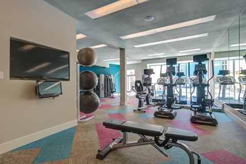 a gym with cardio equipment and a flat screen tv