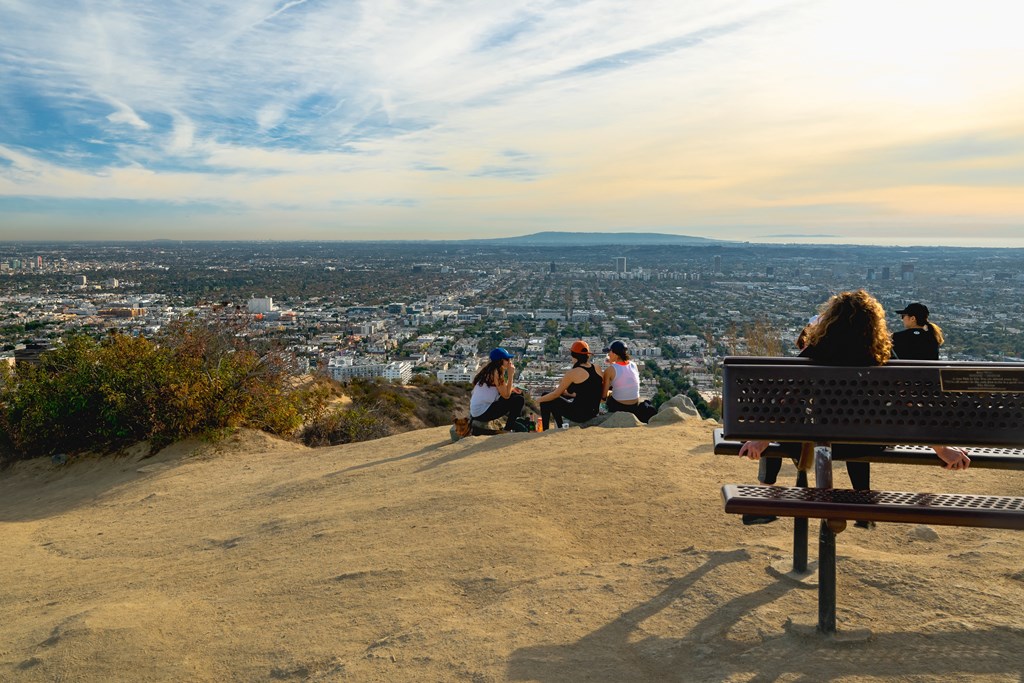 a group of people sitting on a bench on top of a hill