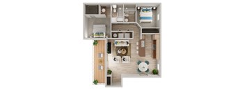 a stylized floor plan with a bedroom and a living room