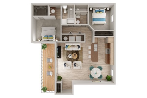 a stylized floor plan with a bedroom and a living room