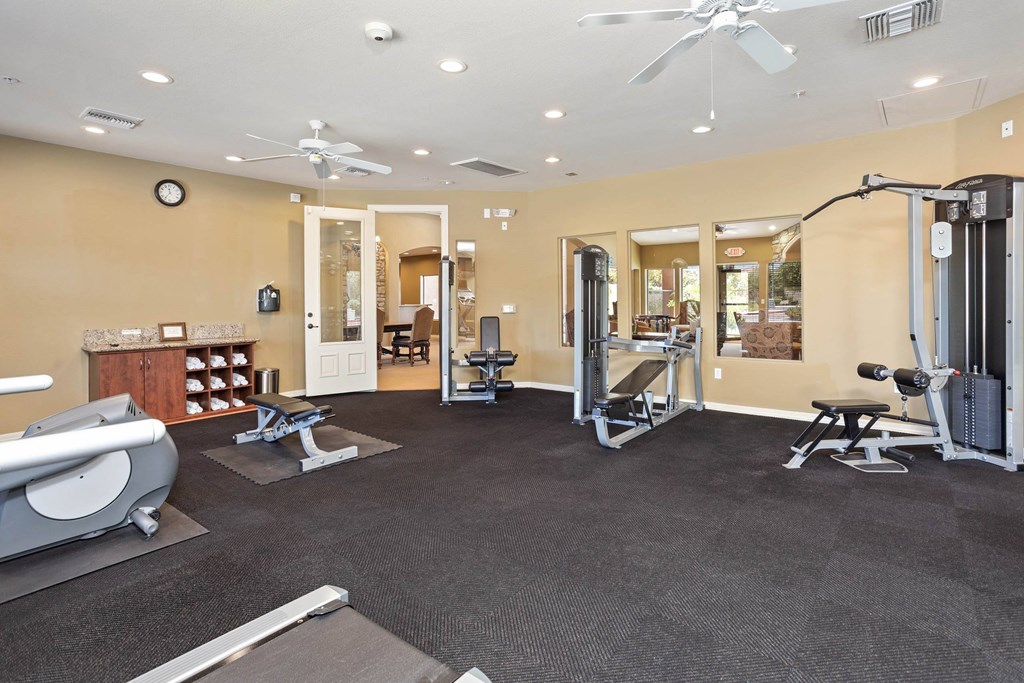 A spacious gym with a variety of equipment including a treadmill, weights, and a bench press.