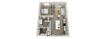a 1 bedroom floorplan with a bathroom and a living room