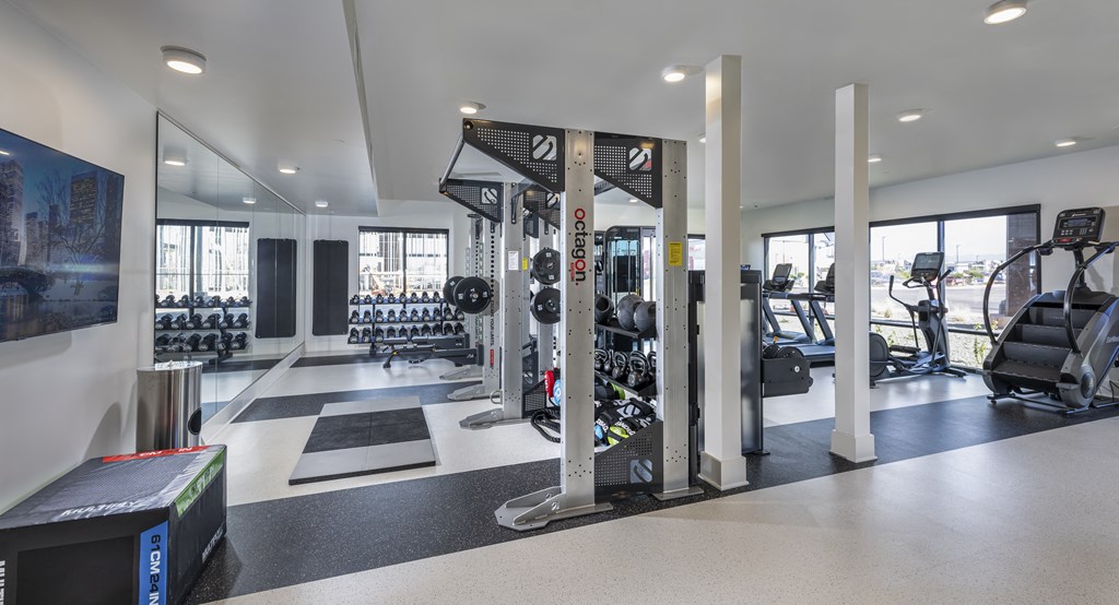 Icon at Cooley Station-apartment fitness room with weights and cardio equipment in a building with windows