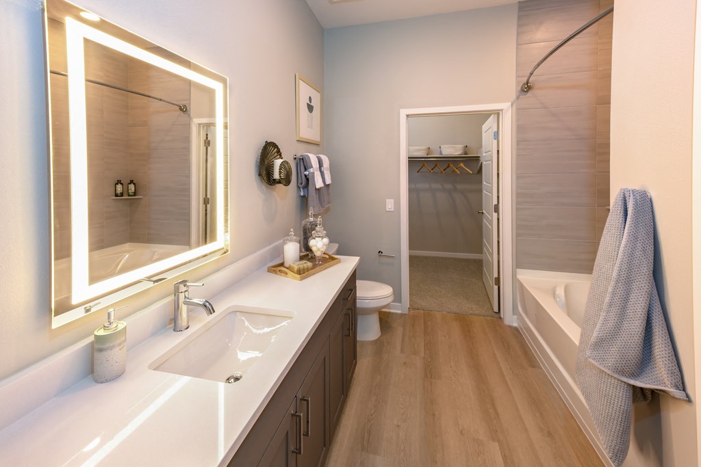 Icon at Cooley Station-apartment bathroom with modern countertops a large lighted mirror