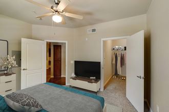 Photo of a master bedroom showing part of a queen size bed with gray bed spread. A flat screen TV sits on a wall facing the bed with small cabinet below the TV. An open door to the right shows the walk in closet