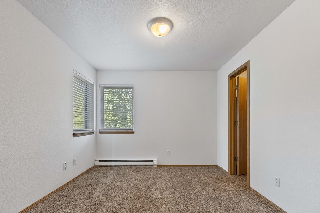 a bedroom with two windows and a carpeted floor