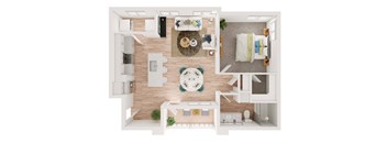 a stylized floor plan of a house with a bedroom and a living room