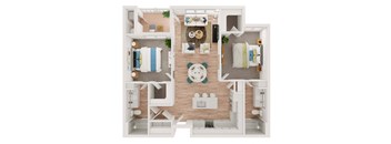 a stylized floor plan of a house with a bedroom and living room