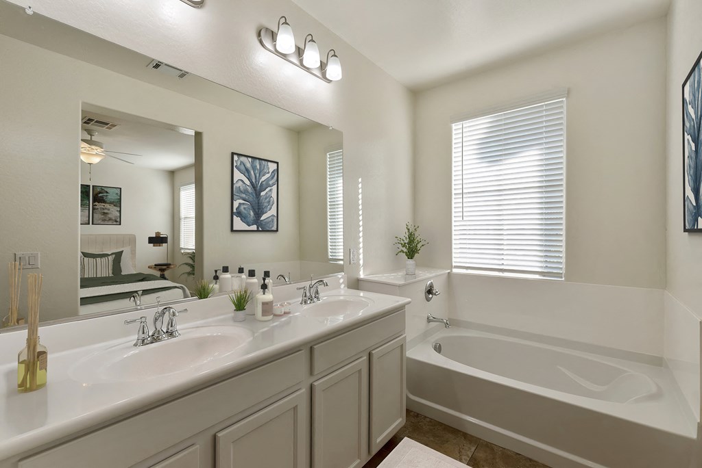 Master bathroom with dual sink vanity and soaking tub