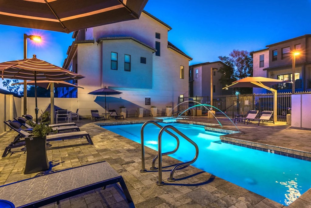 Pool View In Night at Dolce Villagio Townhomes, Tempe, AZ