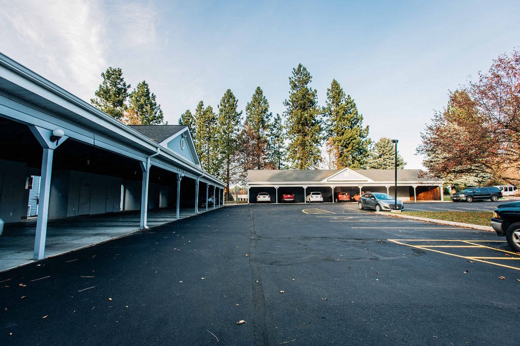 a parking lot in front of a building