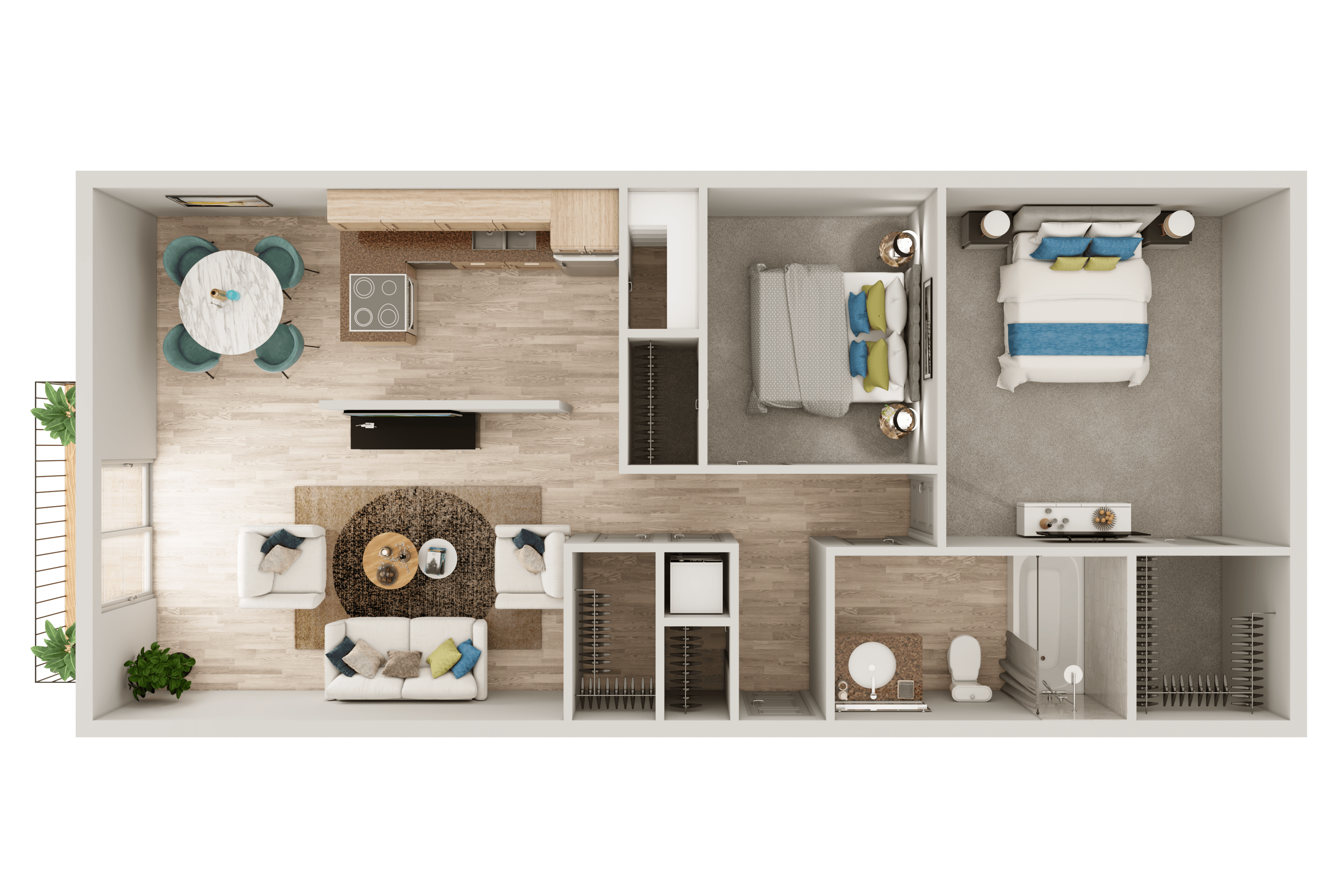 a bedroom with a bed and a chair in a small room