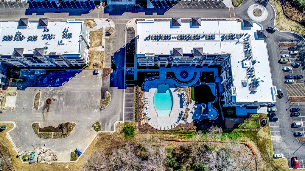 Aerial view of the clubhouse building at 3800 Aqua Apartments