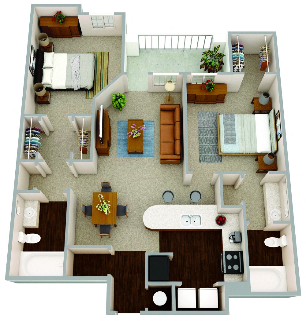 The Davis a two bedroom, two bath open concept apartment complete with wood flooring, granite countertops, stainless steel appliances and finishes. The large walk-in closets allow for optimal storage.