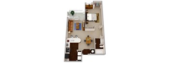 The Solomon a one bedroom one bath apartment with modern features that include wood flooring, granite countertops, dark wood cabinetry, and stainless steel appliances and hardware.