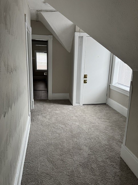 A hallway with a carpeted floor and white walls.