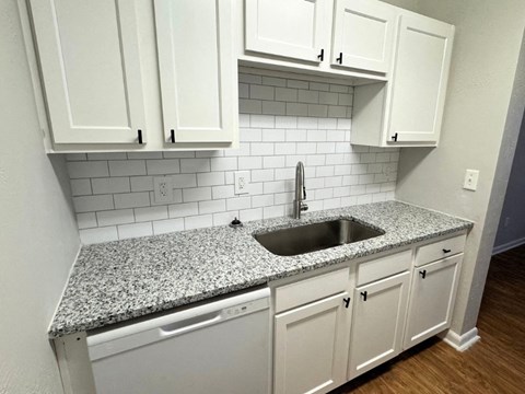 a kitchen with white cabinets and granite counter top and a sink