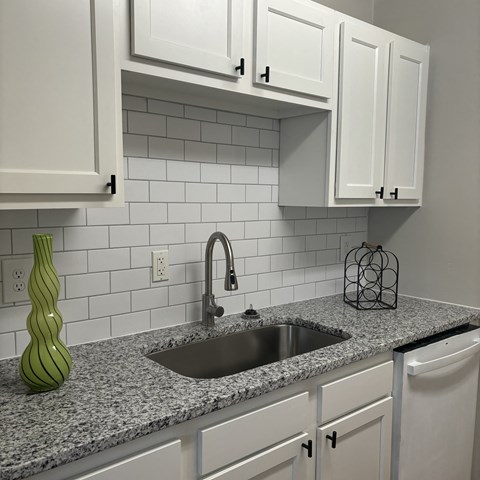 a kitchen with white cabinets and a sink and a counter top