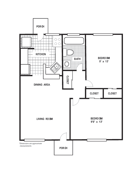 2 Bedroom 1 Bath A Floor Plan at Glen Lennox Apartments, Chapel Hill, North Carolina