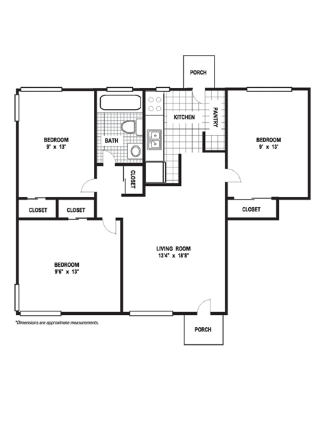 3 Bedroom 1 Bath A Floor Plan at Glen Lennox Apartments, North Carolina
