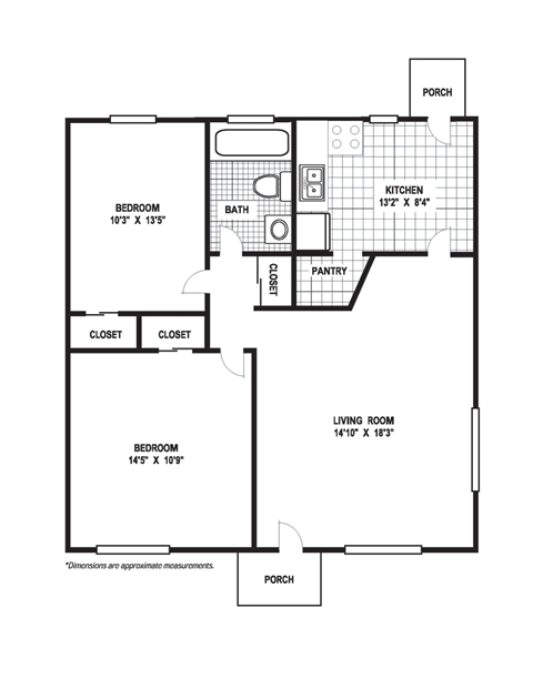 2 Bedroom 1 Bath B Floor Plan at Glen Lennox Apartments, Chapel Hill
