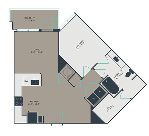 A5 1 Bed 1 Bath Floor Plan at Link Apartments® Montford, Charlotte, North Carolina