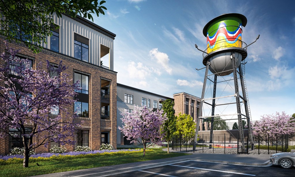 an artist rendering of a water tower in front of a building