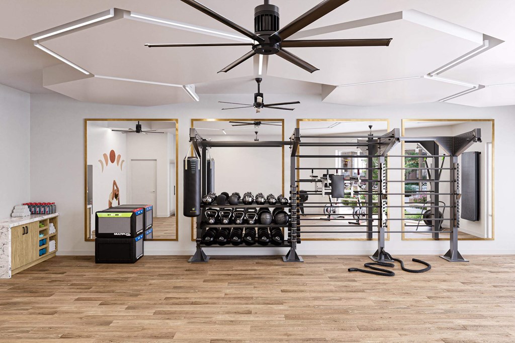 a home gym with a ceiling fan and a rack of dumbbells at Link Apartments® Calyx, Chapel Hill, NC 27517