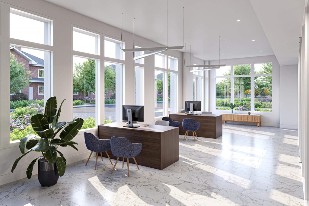 a rendering of a reception area with desks and chairs and large windows at Link Apartments® Calyx, Chapel Hill, NC