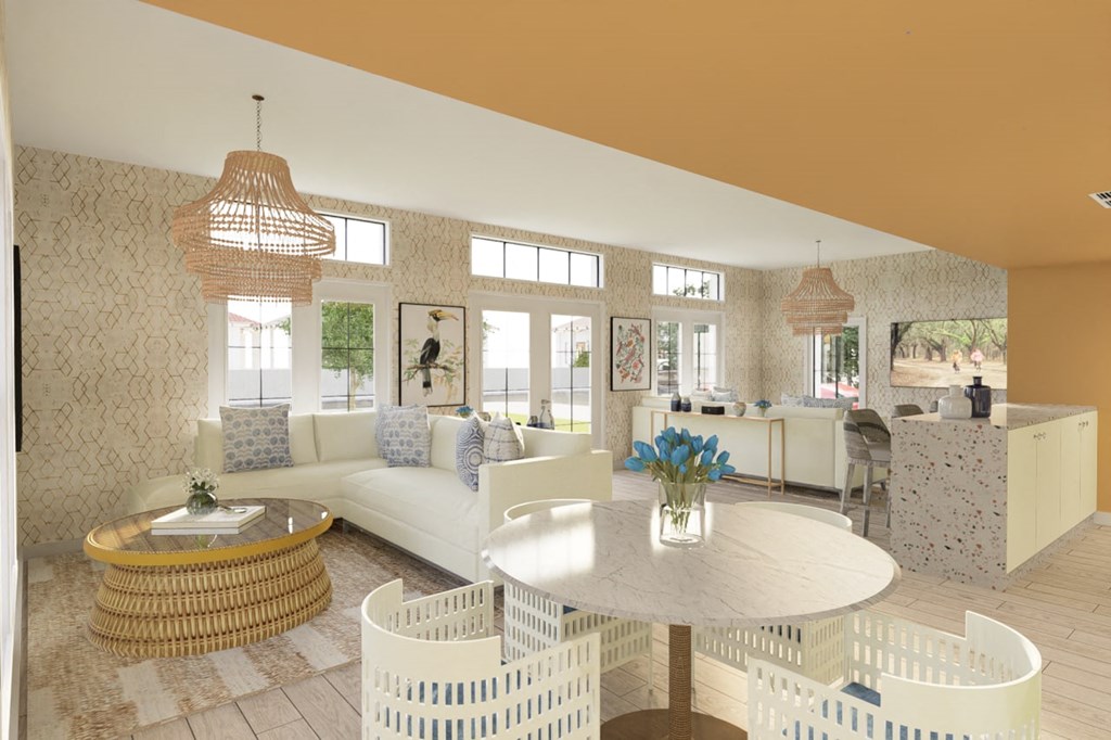 a living room filled with furniture and a large window  at Link Apartments® Mixson, South Carolina