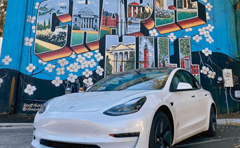 Resident Tesla in front of Chapel Hill mural on W. Franklin Street 27514.