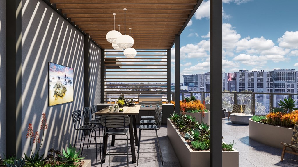 a rendering of a rooftop patio with tables and chairs and a city in the background