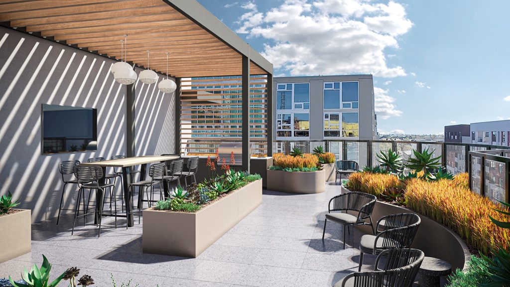 a rendering of a rooftop patio with tables and chairs and a tv