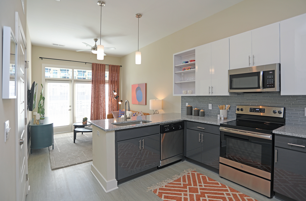Electric Range In Kitchen at Link Apartments Innovation Quarter, Winston Salem, North Carolina