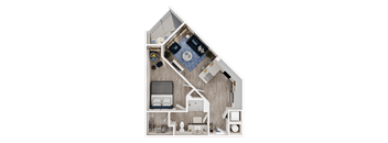 A detailed 3D floor plan of a small apartment layout.