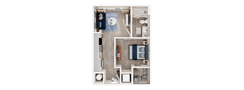 A top-down view of a small, neatly organized apartment with a kitchen, living room, and bathroom.