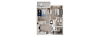 A top-down view of a small apartment layout with a kitchen, living room, and bathroom.