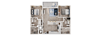 A top-down view of a house layout with a kitchen, living room, and bathrooms.
