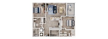 A top-down view of a well-organized room with a bed, a desk, and a kitchenette.