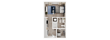 A modern bathroom with a towel rack, toiletries, and a towel on the counter.