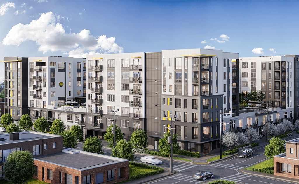 a rendering of an apartment complex on a city street a rendering of an apartment complex on a city street at Link Apartments® Mint Street, North Carolina
