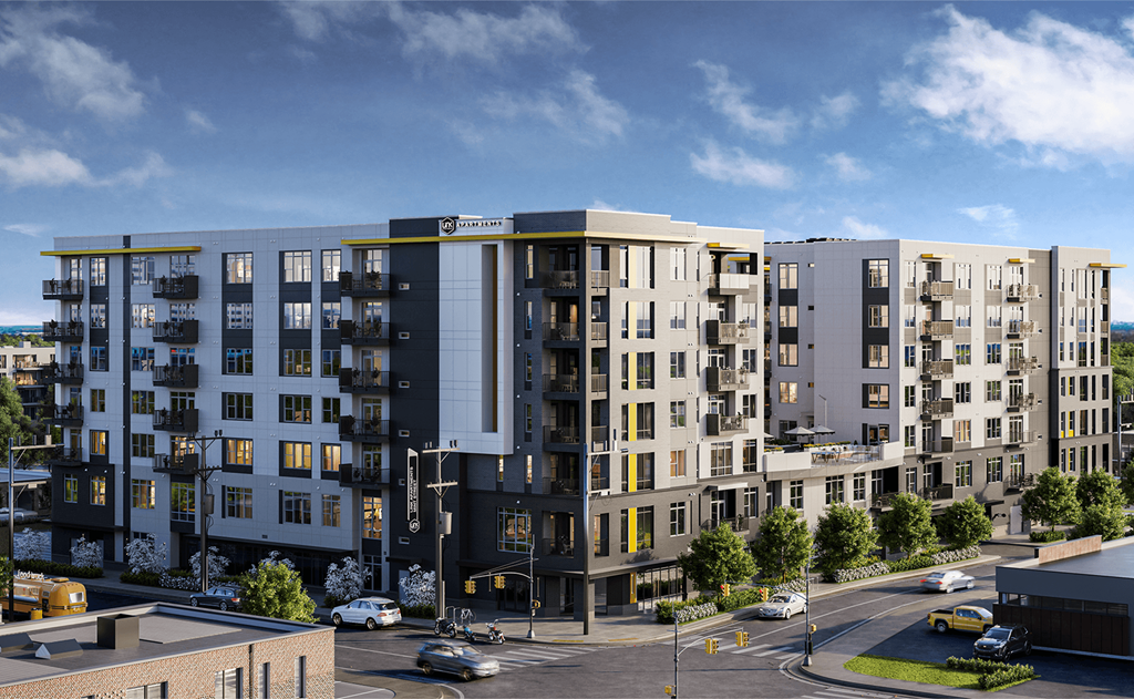 a rendering of an apartment building with a blue sky in the background a rendering of an apartment building with a blue sky in the background at Link Apartments® Mint Street, Charlotte, NC, 28203