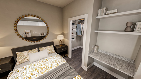 a bedroom with a bed and a mirror above it at Link Apartments NoDa 36th, Charlotte, NC 28206